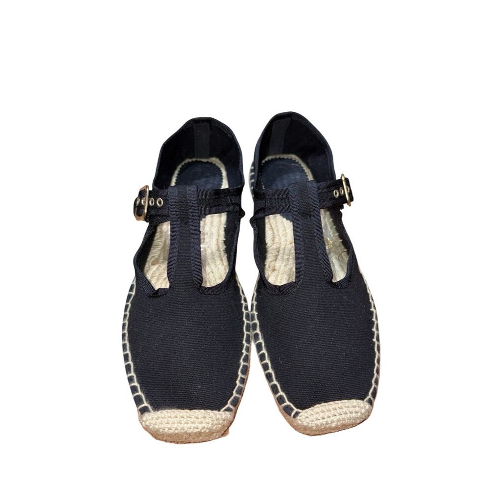 J. Crew Made-in-Spain T-strap Espadrille Flats in Black Canvas   Size: 9